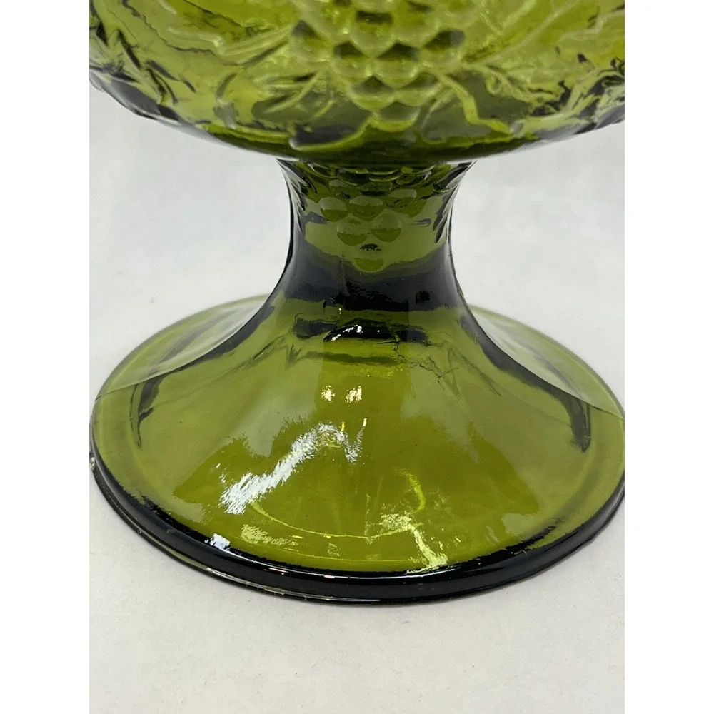 Vintage Indiana Glass Compote Candy Dish Embossed Harvest Grape Avocado Green‎